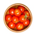 Cherry tomatoes, fresh and ripe cocktail tomatoes in a wooden bowl Royalty Free Stock Photo