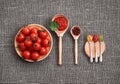 Cherry tomatoes in a wooden plate on a gray background. Adjika sauce, red and black pepper, parsley, mustard and pesto in spoons Royalty Free Stock Photo