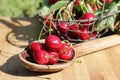 Red cherry in wooden spoon . Royalty Free Stock Photo