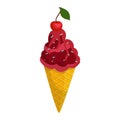 Cherry on top of whipped cream in ice cream cone. Sweet summer dessert with sprinkles vector illustration