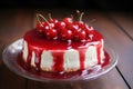 Cherry-topped cheesecake with a glossy red glaze on a clear glass plate on a wooden table