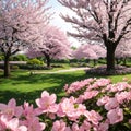 Cherry tree blossom explosion in Hurd Park, Dover, New Jersey. Same trees, with green summer foliage, can be found by Royalty Free Stock Photo