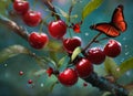 cherry tree branch with red ripe cherries and butterfly on it