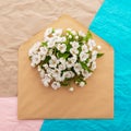 Cherry tree. Envelope with spring flowers over crumpled decorative paper background. Springtime design Royalty Free Stock Photo