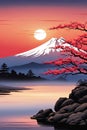 Cherry tree in full bloom with majestic Mount Fuji in background, capturing essence of traditional Japanese beauty