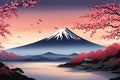 Cherry tree in full bloom with majestic Mount Fuji in background, capturing essence of traditional Japanese beauty