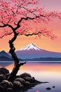 Cherry tree in full bloom with majestic Mount Fuji in background, capturing essence of traditional Japanese beauty