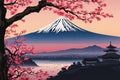 Cherry tree in full bloom with majestic Mount Fuji in background, capturing essence of traditional Japanese beauty