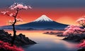 Cherry tree in full bloom with majestic Mount Fuji in background, capturing essence of traditional Japanese beauty