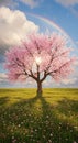 Cherry Tree in Spring Bloom Beneath a Shimmering Rainbow Royalty Free Stock Photo