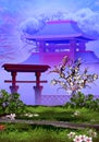 Cherry tree, temple and tranquil garden