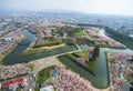 Cherry trees along the moats of Fort Goryokaku as seen from Goryokaku Tower,Hakodate,Hokkaido,Japan in spring. Royalty Free Stock Photo