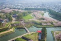 Cherry trees along the moats of Fort Goryokaku as seen from Goryokaku Tower,Hakodate,Hokkaido,Japan in spring.