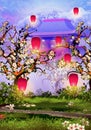 Cherry Trees Blossom in front of the mountain temple with pink lanterns Royalty Free Stock Photo