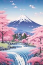 Cherry trees and lake under Mount Fuji, clear cloudy sky at dusk, super realistic