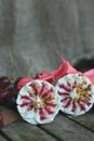 Cherry vanilla ice-cream with caramel topping. Closeup Royalty Free Stock Photo