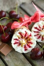 Cherry vanilla ice-cream with caramel topping. Closeup Royalty Free Stock Photo