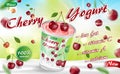 Cherry yogurt container isolated with Falling realistic ripe cherry. Cream yogurt products package ad. Vector Royalty Free Stock Photo