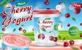 Cherry yogurt isolated design. Food yogurt container package ad. Realistic ripe cherry 3d Vector illustration Royalty Free Stock Photo