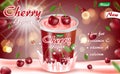 Cherry yogurt isolated on red bokeh background. Yogurt container package ad. 3d realistic ripe cherry Vector