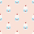 Cherry yogurt in plastic cup. Seamless pattern. Milk cream product. Royalty Free Stock Photo