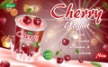 Cherry yogurt with splash isolated on bokeh background. Yogurt container package ad. 3d realistic ripe cherry Vector