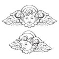 Cherub cute winged curly smiling baby boy angel set isolated over white background. Hand drawn design vector illustration Royalty Free Stock Photo