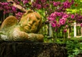 A cherub ornament rests peacefully among garden flowers Royalty Free Stock Photo