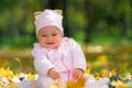 Cherubic baby girl playing with yellow leaves.