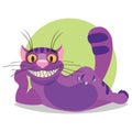 Cheshire Cat. Illustration to the fairy tale Alice`s Adventures in Wonderland. Purple cat with a big smile lays