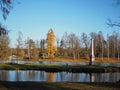 Chesme obelisk, autumn park and lake. State Museum-Reserve Gatchina.