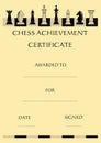 Chess achievement certificate with complet set chess pieces on chessboard, beige background in old paper style