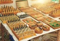 Chess and backgammon are sold in the bazaar market in India. Souvenir gift India. Anjuna, GOA