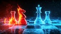 The chess battle of ice and fire unfolds with glowing elemental pieces on a mystical board Royalty Free Stock Photo