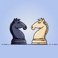 Chess black and white knights vector flat image. Vector image on blue background