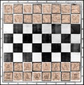 Chess board with chess figures on pieces of packaging paper