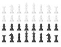 Chess board and chessmen leisure concept knight group white and black piece competition vector illustration