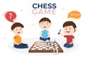 Chess Board Game Cartoon Background Illustration with Two Small Cute Children Sitting Opposite and Playing for Hobby Activity