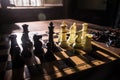 Chess board game concept of business ideas and competition and strategy ideas concep. Chess figures on a dark background with Royalty Free Stock Photo