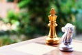 Chess board game. Knight force king at the corner. Business strategic and competition concept. Copy space. Royalty Free Stock Photo
