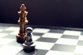 Chess board game. The pawn stand against a king. Refer to a person with courage and ambitious concept. Focus on pawn