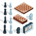 Chess board game. Strategical tactical entertainment checkmate rook pieces alcazar knight figures vector isometric Royalty Free Stock Photo