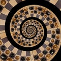 Isolated on black abstract wooden chess desk white black figures mix spiral effect. Chess wooden board abstract spiral fractal Sur Royalty Free Stock Photo