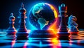 Chess board with globe on it and two pieces of chess on the board. Generative AI Royalty Free Stock Photo