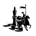 Chess board with pawn, king and knight riding a real horse black vector design Royalty Free Stock Photo