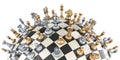 Chess board with chess pieces on checkered sphere, 3D rendering Royalty Free Stock Photo
