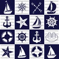 Chess board seamless marine pattern. Squares with nautical elements Royalty Free Stock Photo