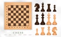 Chess and chess board set, chessmen banner, realistic drawing. Black, white piece pawn, king, queen, bishop, knight, rook, with