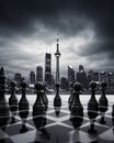 a chess board set up in the foreground of a cloudy sky filled with towering city skyscrapers