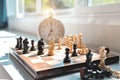 Chess board with time clock Royalty Free Stock Photo